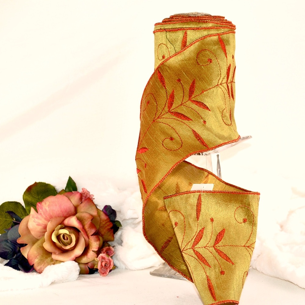 Designer Arty faux Green olive Orange leaves embossed